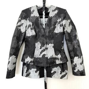 ESCADA Black Silver Metallic Jacquard‎ Skirt Suit Belted Evening Designer EU36